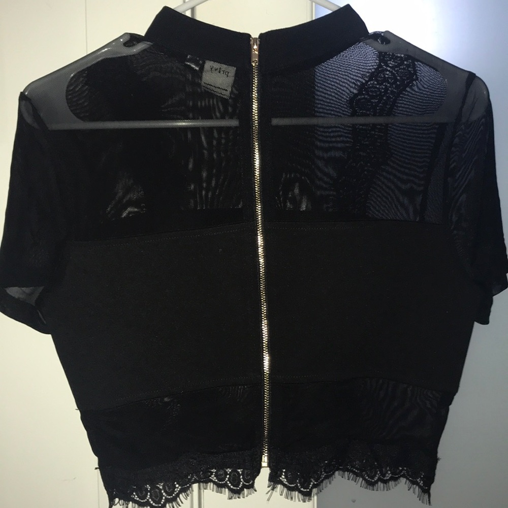 Sheer black lace mesh bandeau high neck crop top